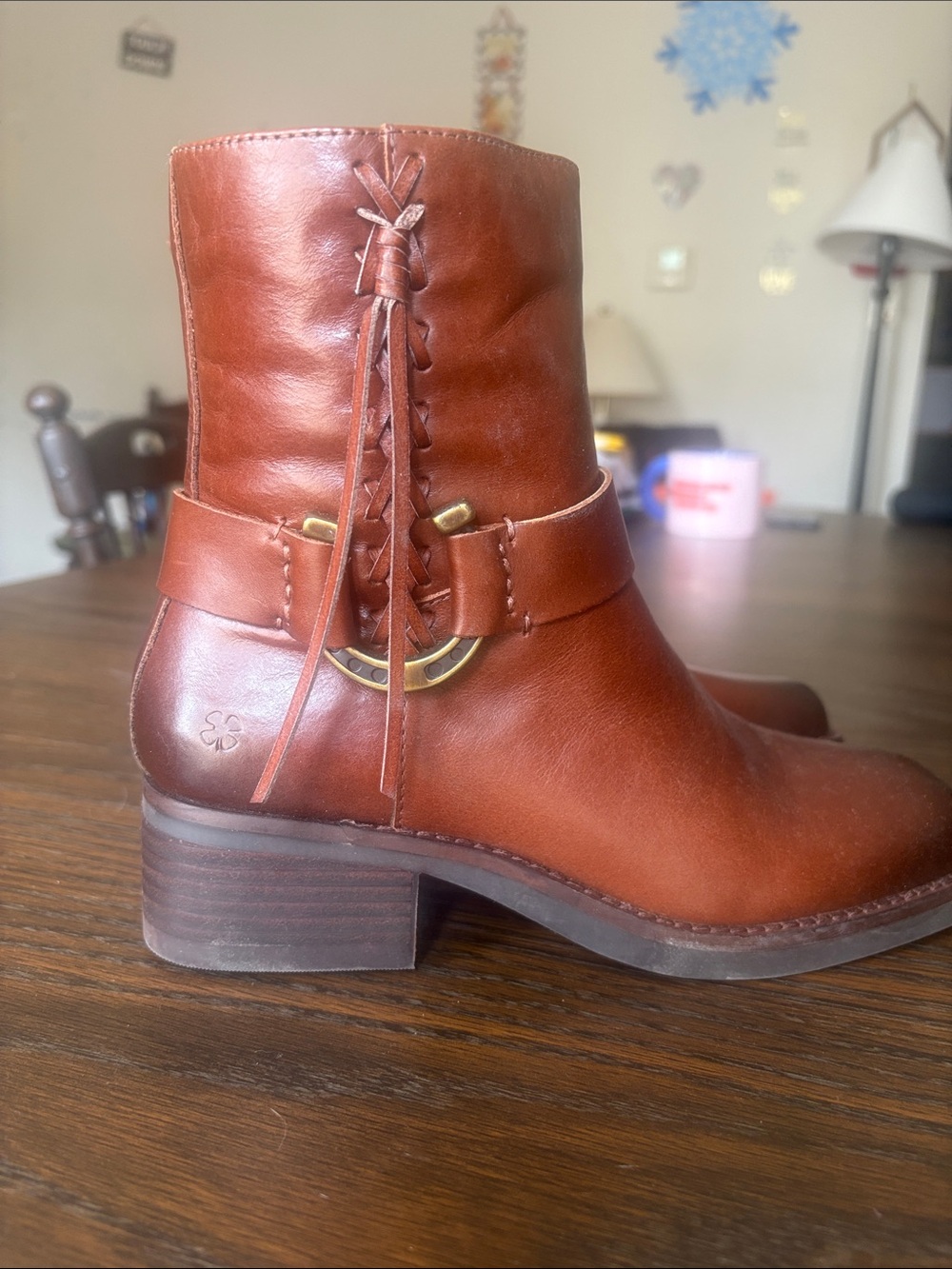 Lucky Brand Cognac Leather Ankle Boots with Buckle Accent